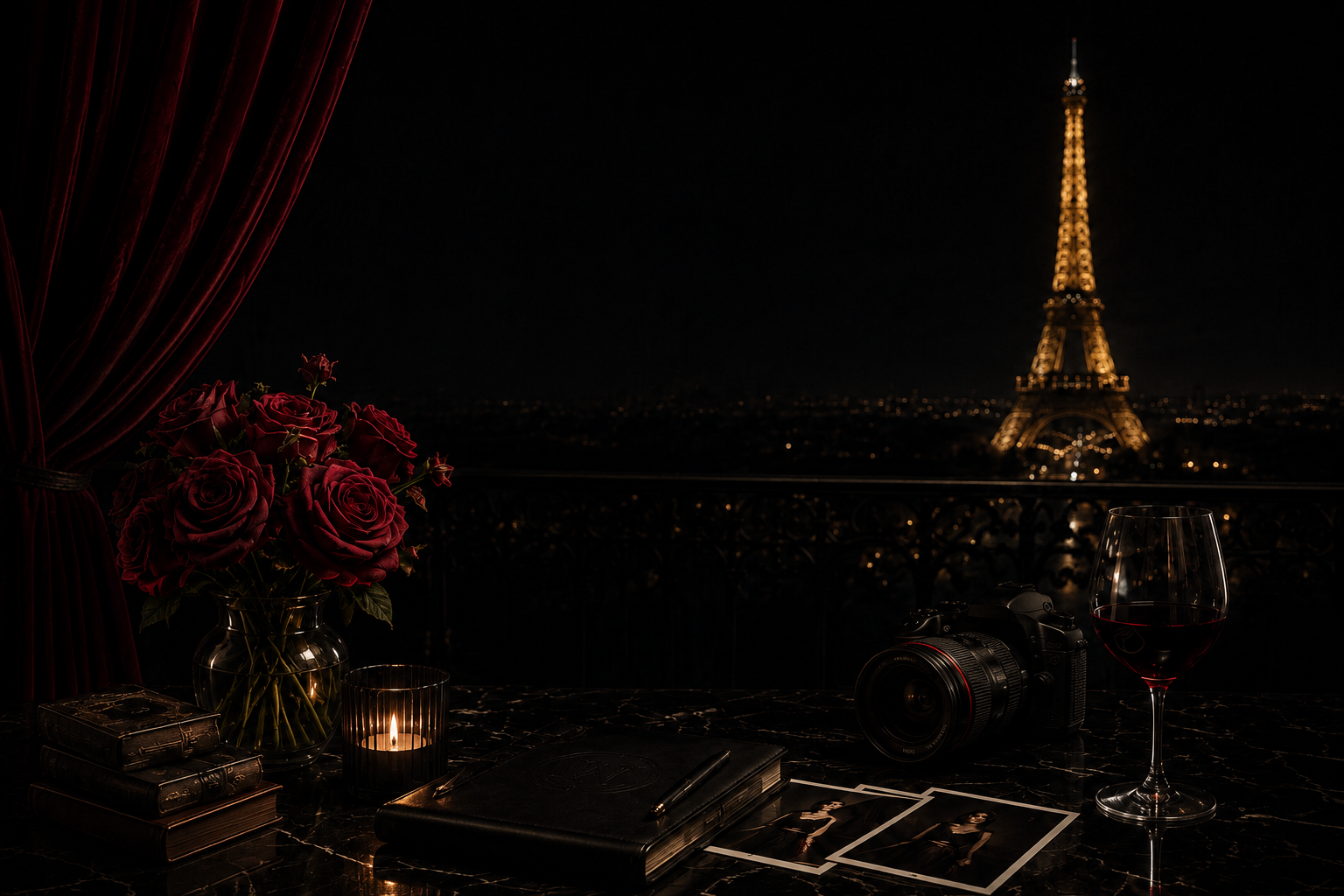 A candlelit Parisian balcony with roses, camera, photographs and the Eiffel Tower