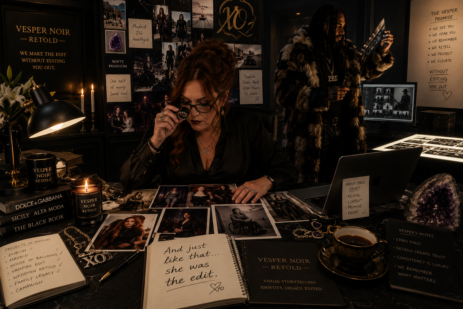 A cinematic story world under construction inside the Vesper Noir studio